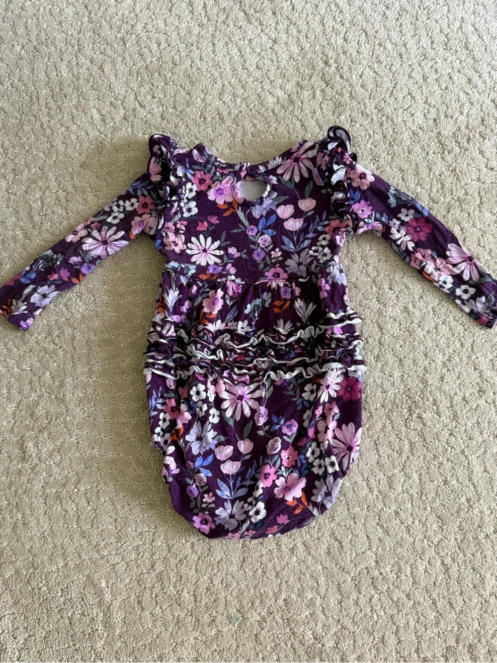 Purple Floral Long-Sleeve Ruffle Baby Romper